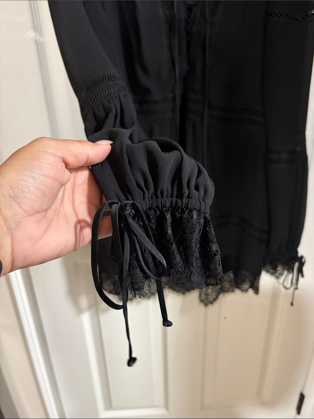 White House Black Market Black Lace-Trim Peasant Top - Picture 3 of 4